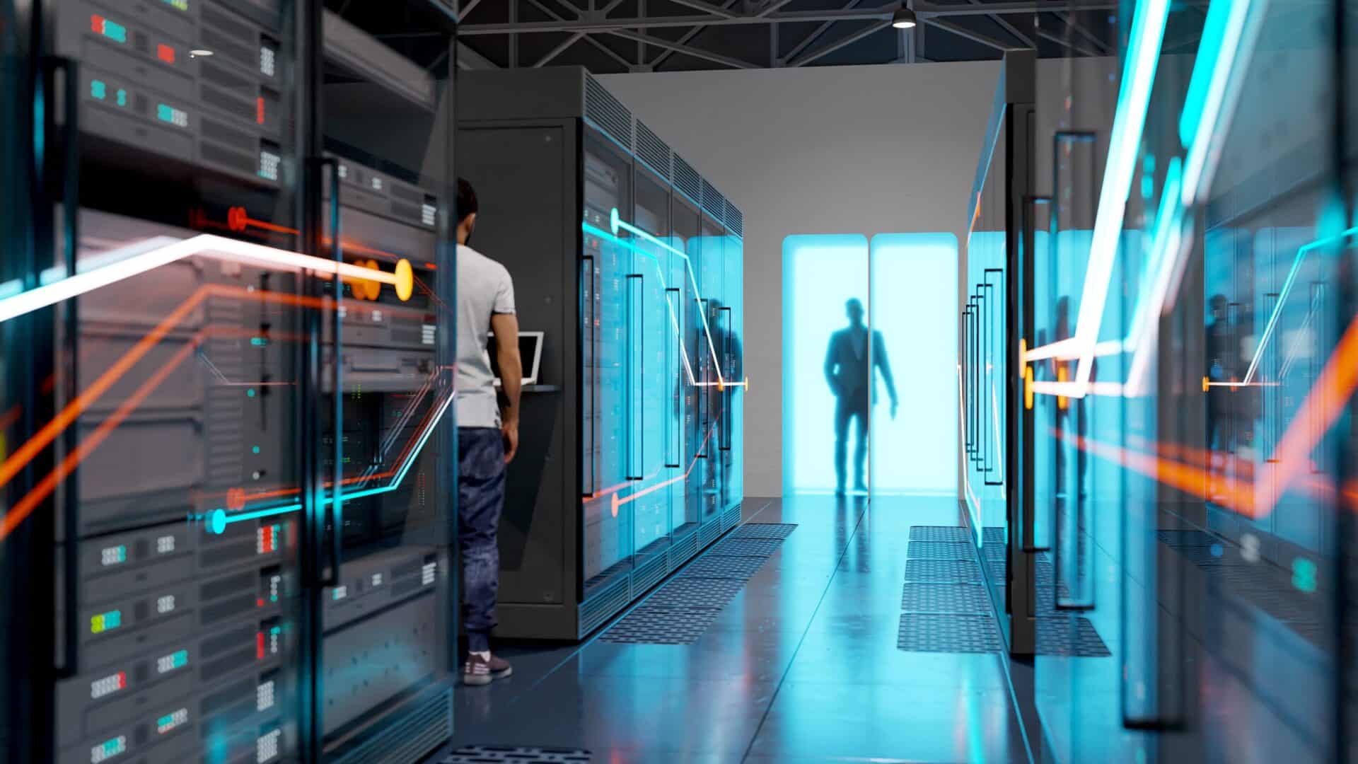 Image showing a datacenter with lines illustrating dataflow and connections between the different systems to be used by Log Detection solution