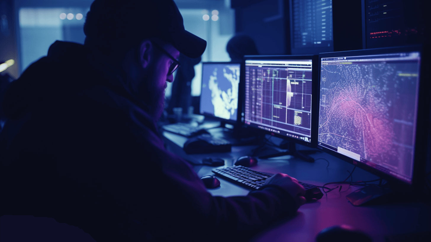 Person working in cybersecurity center looking into data regarding cybersecurity