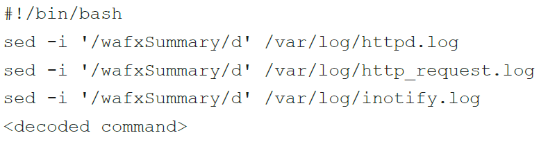 Screenshot showing command run SonicWall SMA Web Shell CVE-2021-20038, illustrating obfuscated query string processing and log trace removal commands.