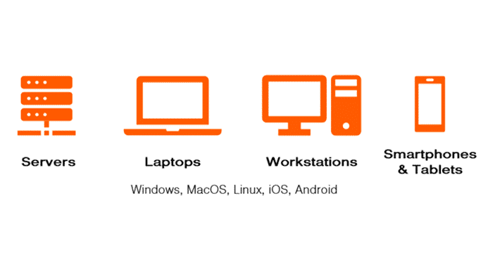 Image showing the types of endpoints (Servers, Laptops, Workstations, and smartphones & Tablets). All running Windows, MacOS, Linux, iOS, or Android. 