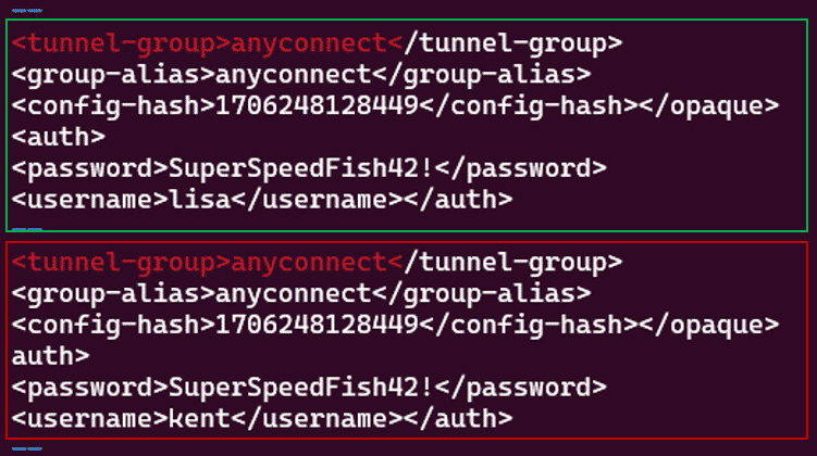 Contents of the generated coredump (memory snapshot) reveiling information about both the disconnected and the active session