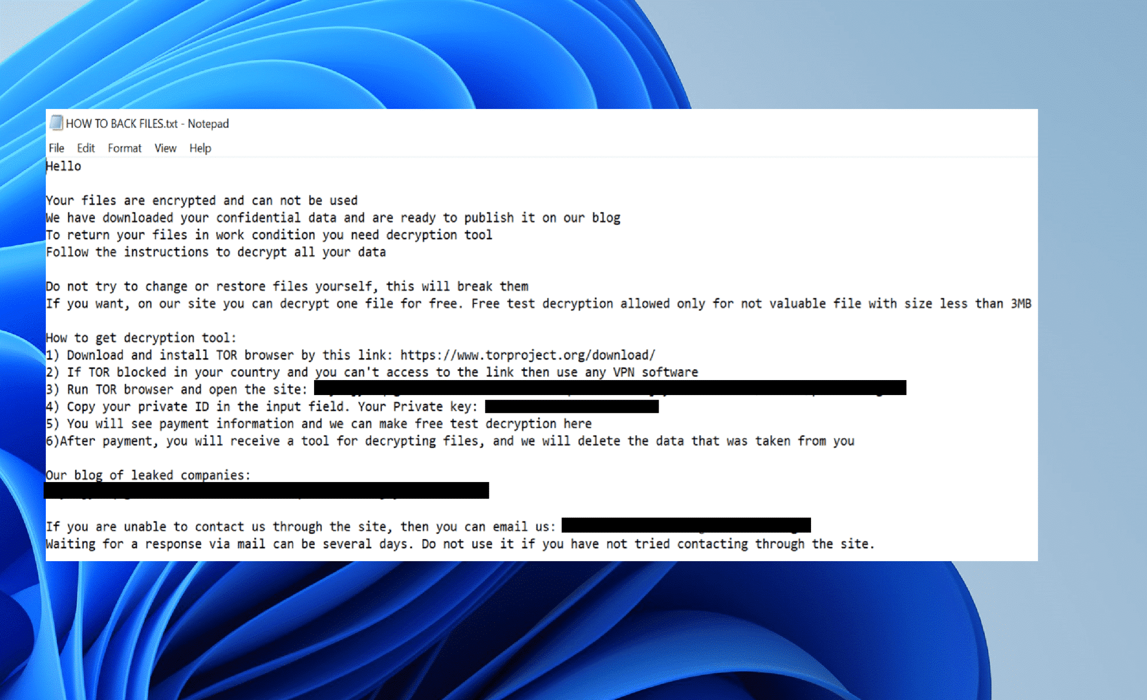 a screenshot of the ransom note provided by the threat actor while using ransomware Mallox