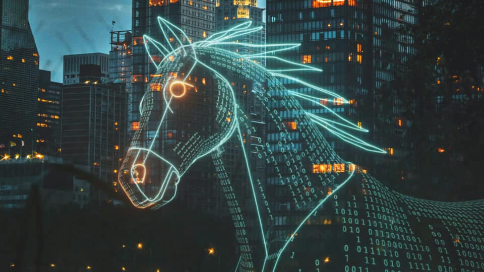 A digital illustration of a glowing neon Trojan horse made of binary code (ones and zeros) superimposed on a cityscape at night, symbolizing a cybersecurity threat hidden within technology.